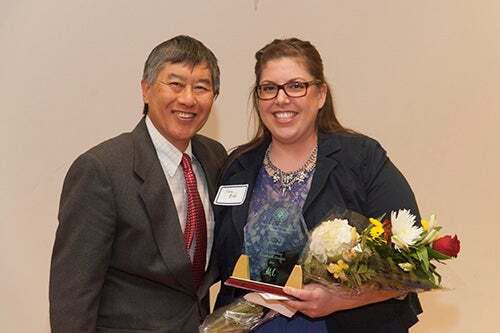 Noa Balf, the 2014 award winner for outstanding graduate student with President Loh.